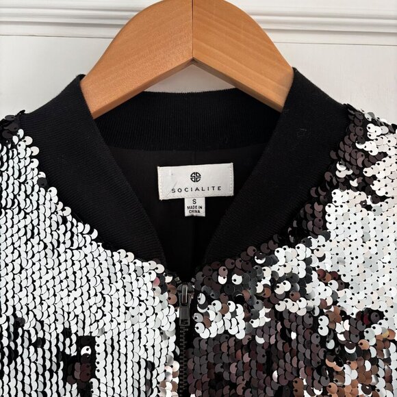 Women's‎ Socialite Sequin Bomber Jacket, Size Small Black Silver Glitter Excel - Picture 5 of 8